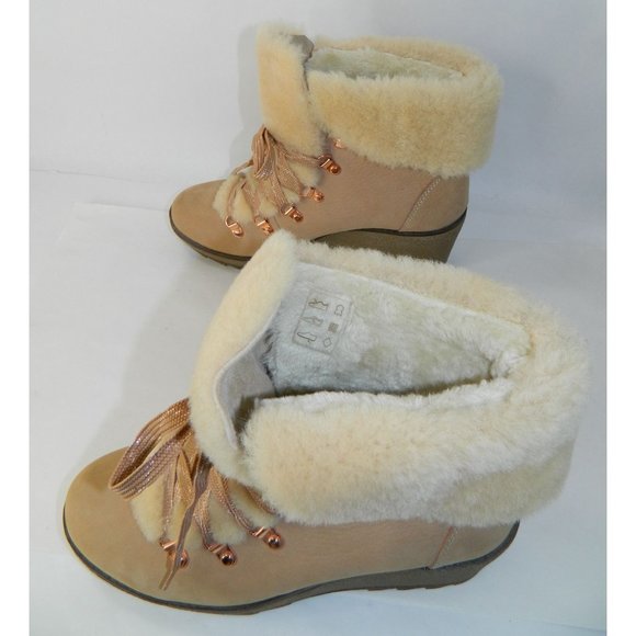 J. Crew 9M Shoes Nordic Wedge Boots Snow Bootie Leather Fur Nude Beige Rose Lace - Picture 6 of 16